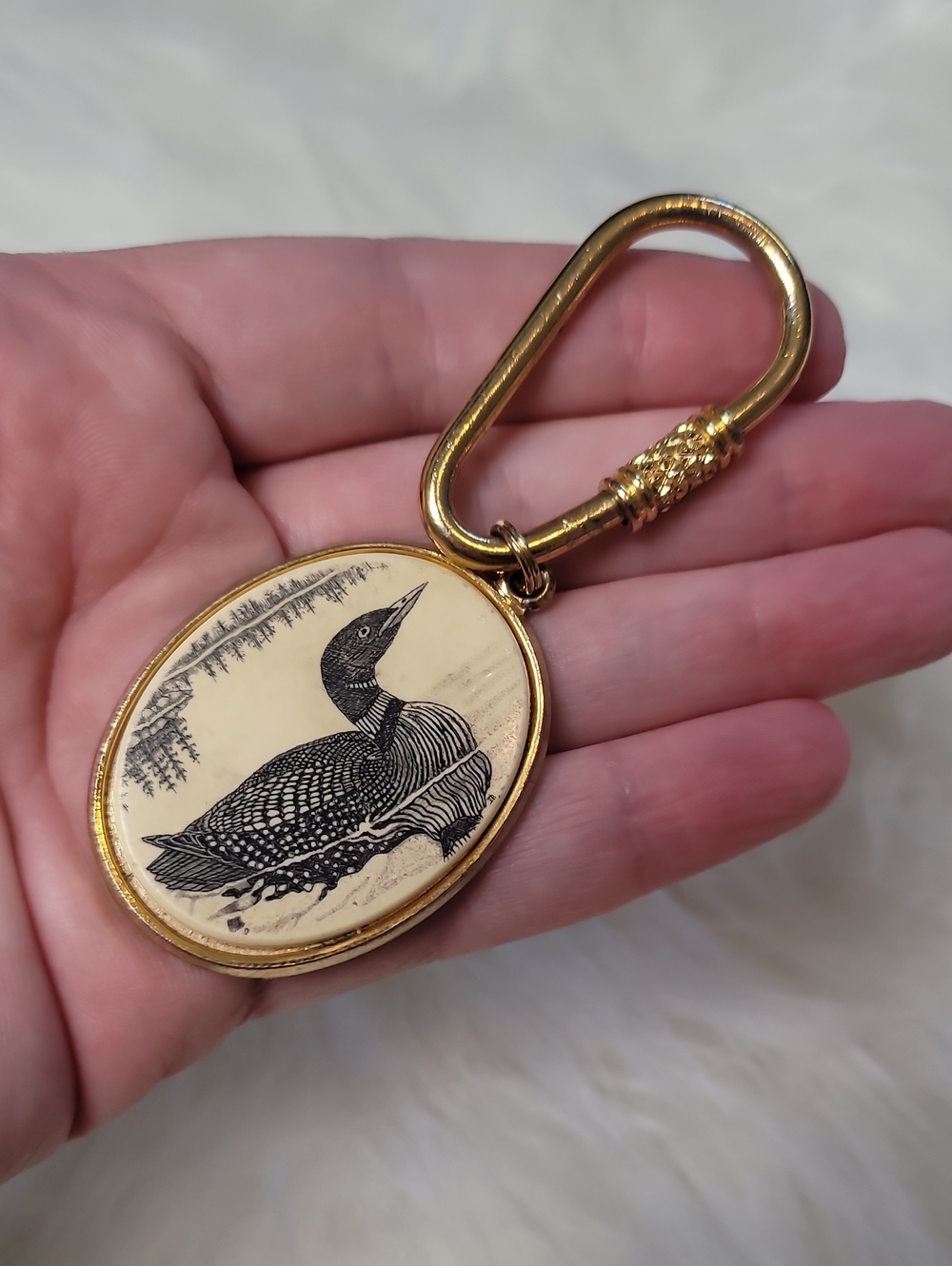 VintagebBarlow simulated scrimshaw loon keychain
